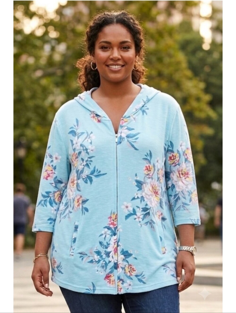 C.D. Daniels Zip Front Floral Print Hoodie Blue Size 2X